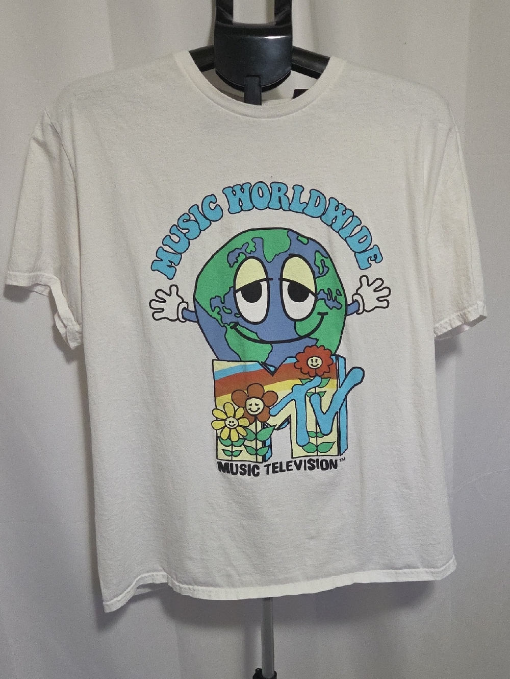 MTV White Tee with Blue, Green & Yellow Globe Graphic